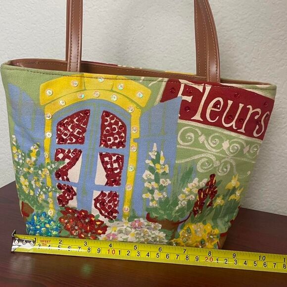 Floral Beaded Embellished Shoulder Bag Flower Shop Purse 100% Cotton - Picture 5 of 8